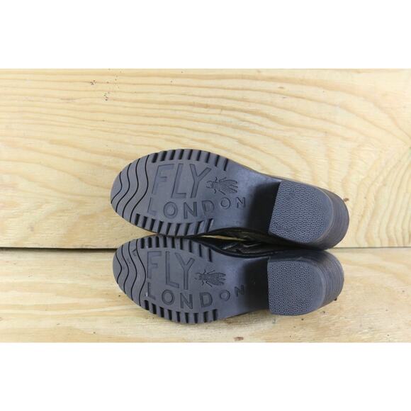 Fly London Boots 6.5 Black Leather Gold Bronze Colorblock Ankle 10 Bootie Shoes - Picture 5 of 8